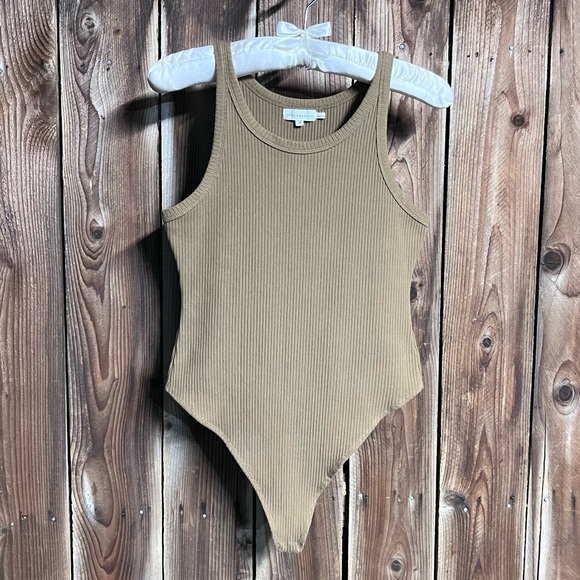 Good American Thong Tank Bodysuit Ribbed Khaki Forrest Green Brown High Leg Sz L - Picture 3 of 15